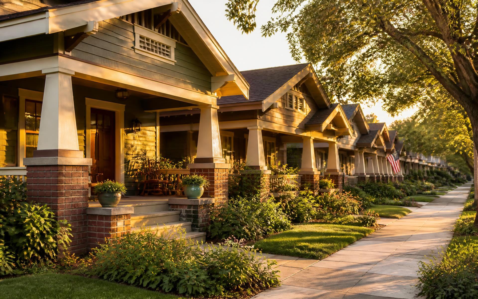 Row of Craftsman bungalows with deep porches