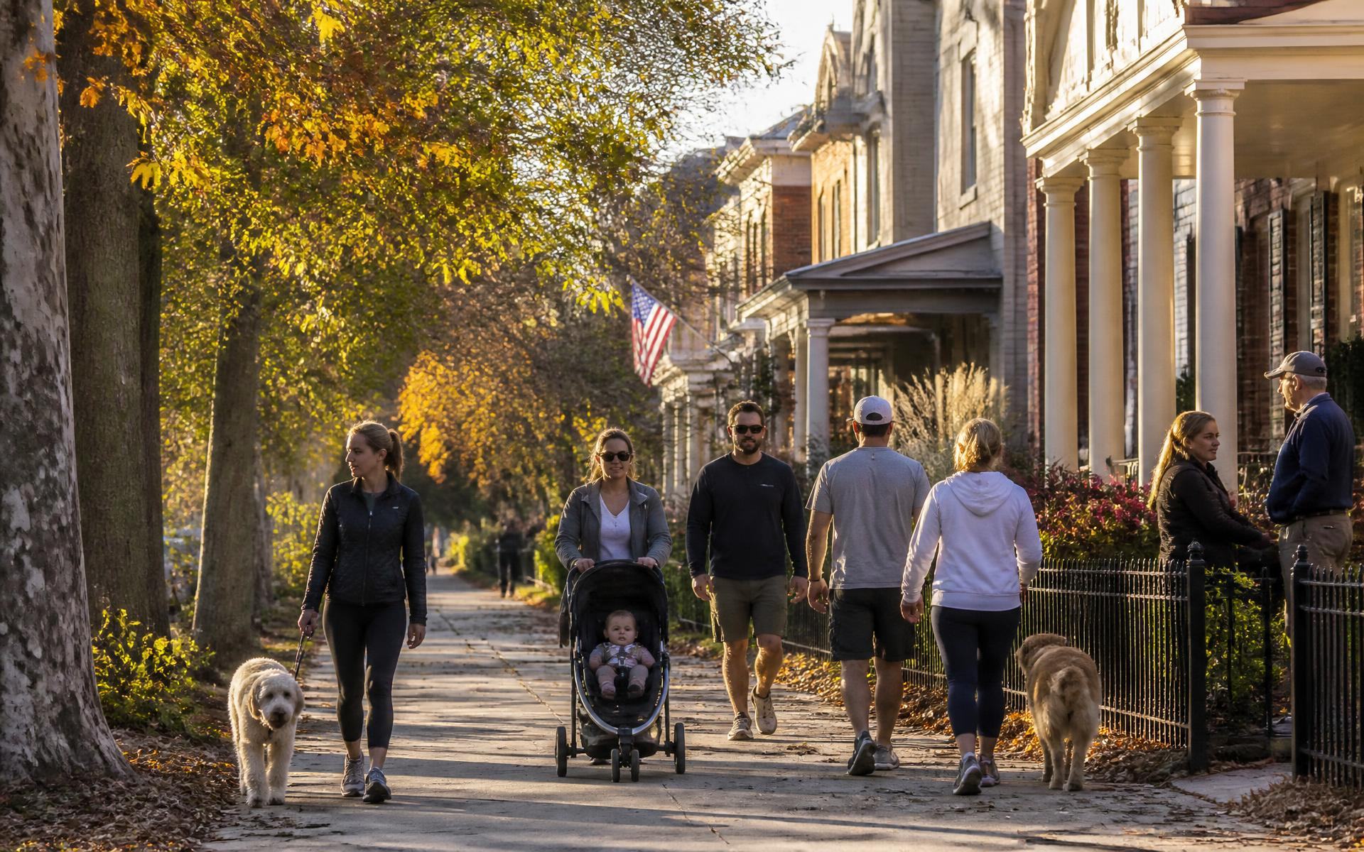 Neighbors walking dogs and strollers along a shaded historic sidewalk